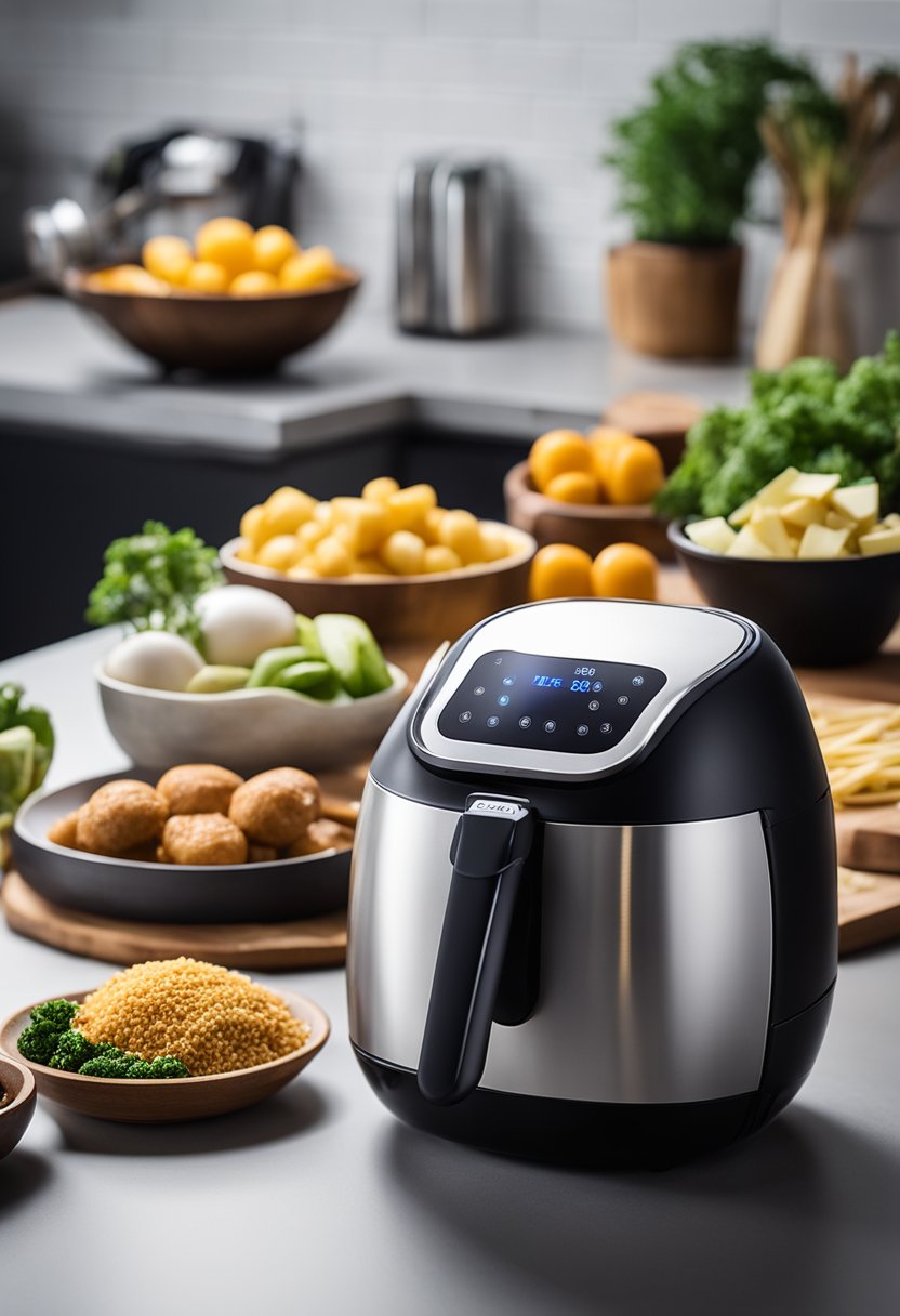 A variety of keto-friendly ingredients and an air fryer in a well-lit kitchen