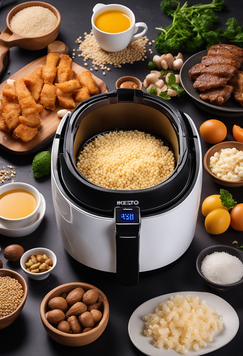 Assorted keto-friendly protein ingredients arranged around an air fryer, with steam rising from the hot appliance