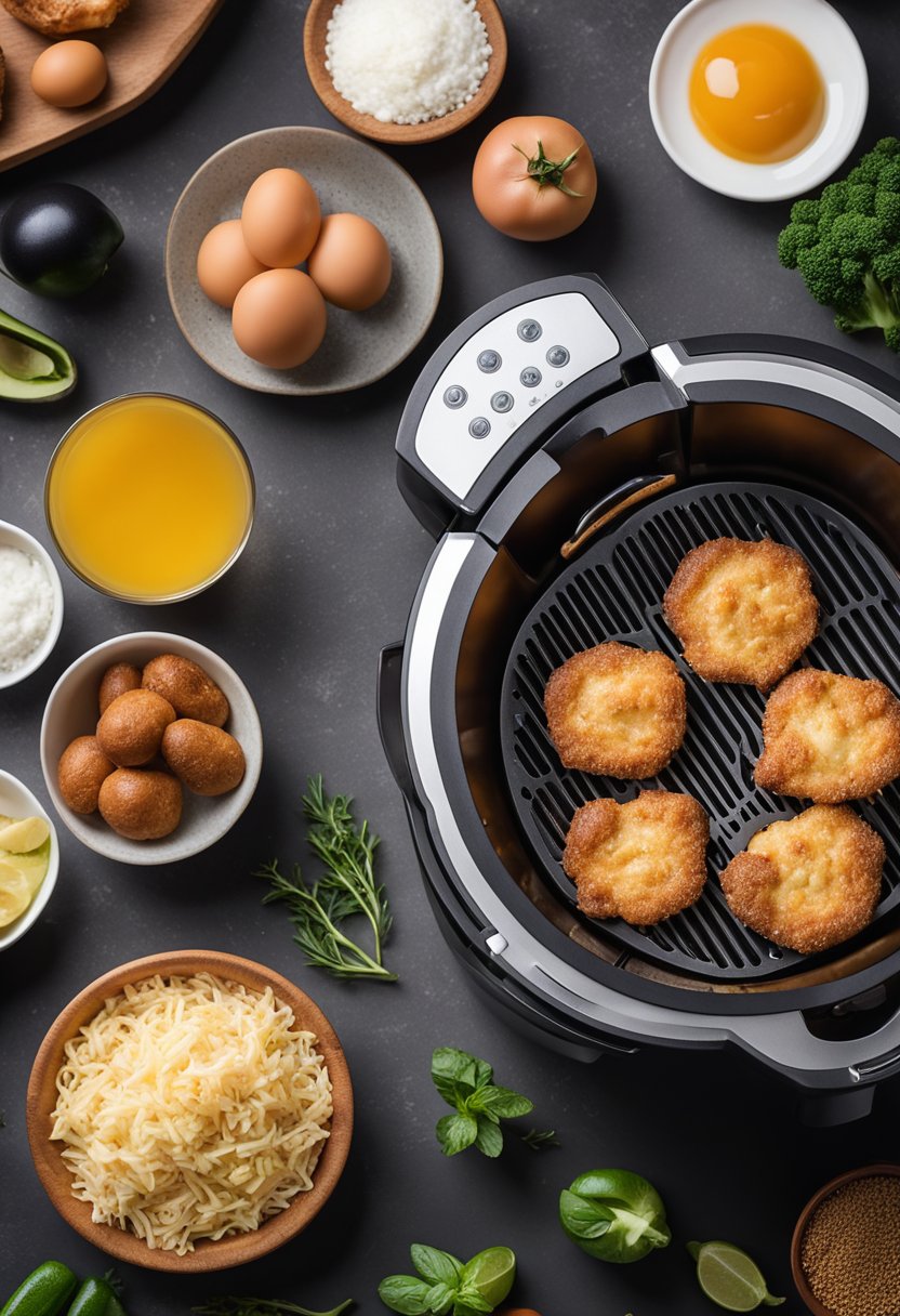 A variety of keto-friendly ingredients and an air fryer on a kitchen counter, with a cookbook open to a page of keto air fryer recipes