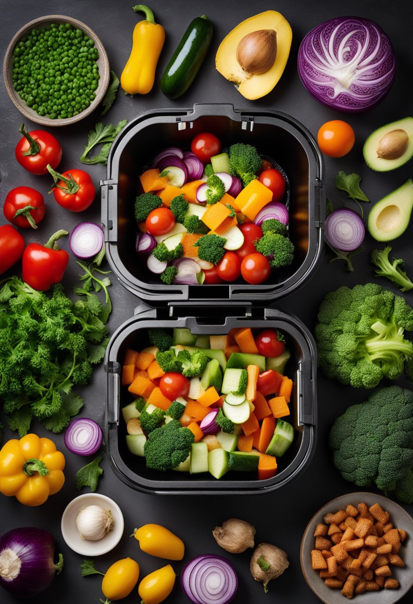 Assorted colorful keto vegetables sizzling in an air fryer, emitting aromatic steam