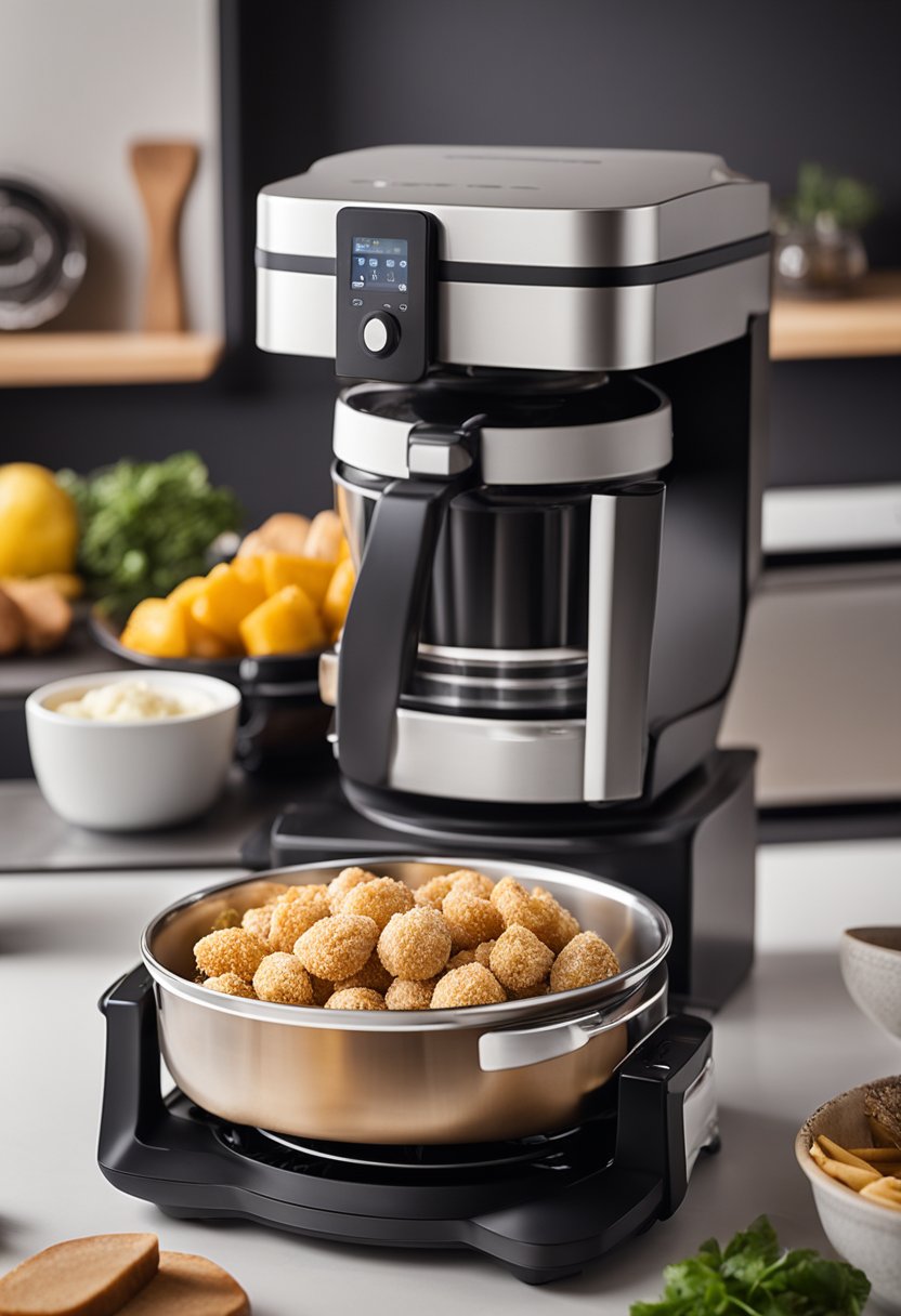 Assorted keto-friendly ingredients being air-fried in a modern kitchen
